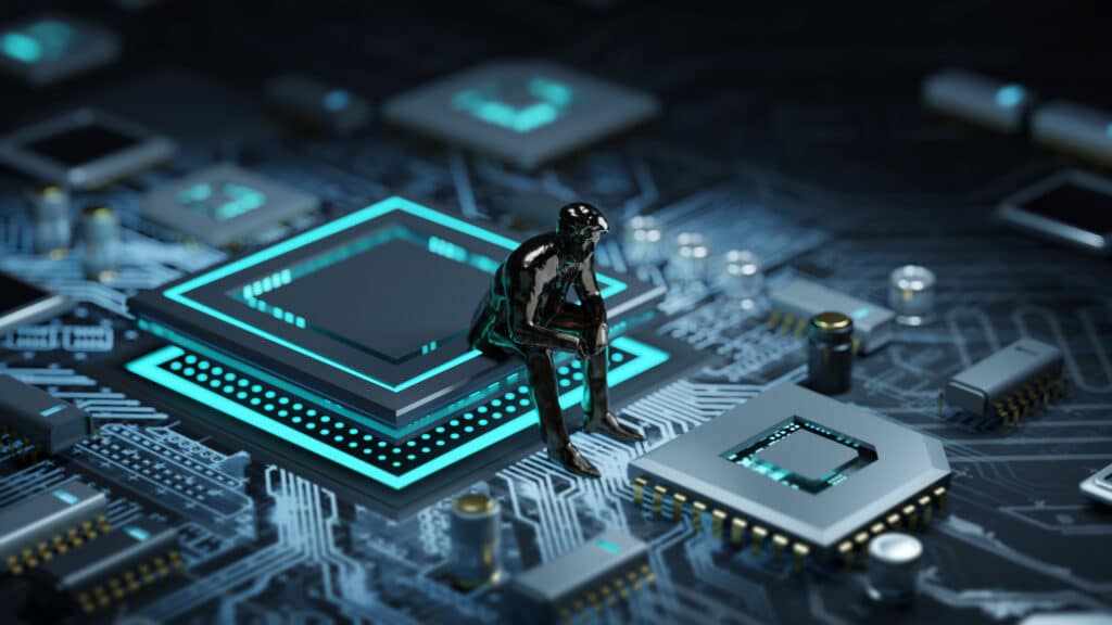 Abstract human person sitting on the main cpu processor of motherboard